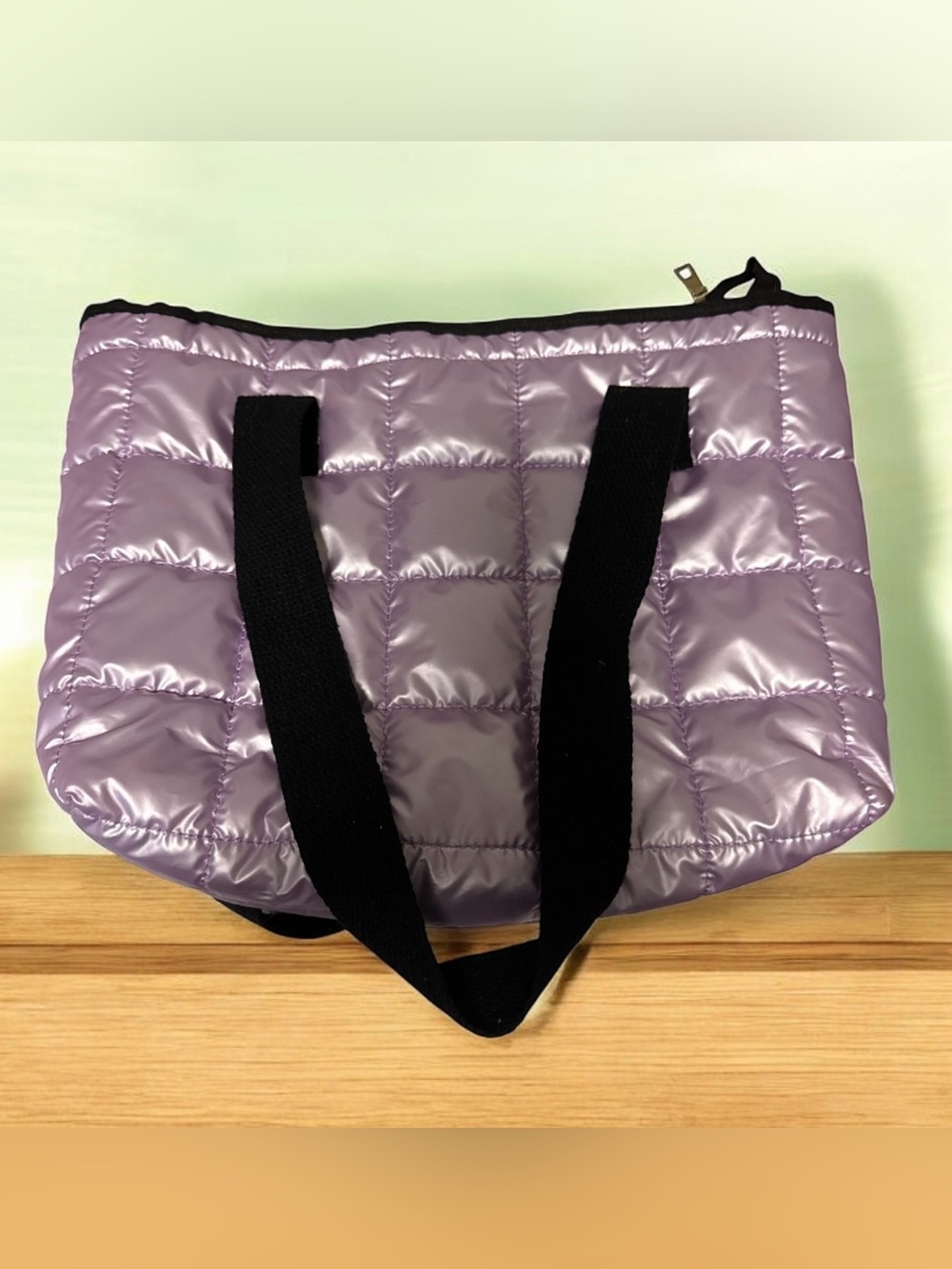 Quilted Lavender Tote Bag with Black Straps